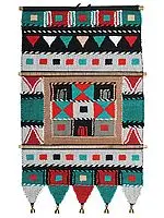 Blue-Grass Multicolored Cotton Handmade Wall-Hanging with Wooden Beads and Brass Bells from Maharashtra