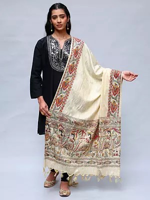 Khadi Cotton Madhubani Art Dupatta from Bihar with Printed Wedding Palanquin and Peacocks Border