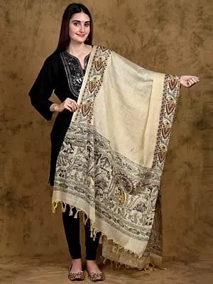 Khadi Cotton Madhubani Art Shawl from Bihar with Printed Wedding Palanquin and Peacocks Border