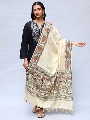 Khadi Cotton Madhubani Art Dupatta from Bihar with Printed Wedding Palanquin and Peacocks Border