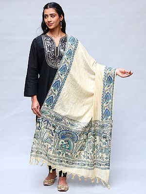 Khadi Cotton Madhubani Art Dupatta from Bihar with Printed Wedding Palanquin and Peacocks Border