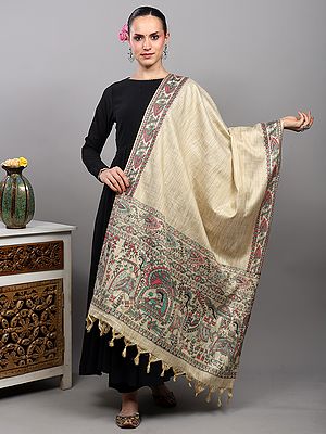 Khadi Cotton Madhubani Art Dupatta from Bihar with Printed Wedding Palanquin and Peacocks Border