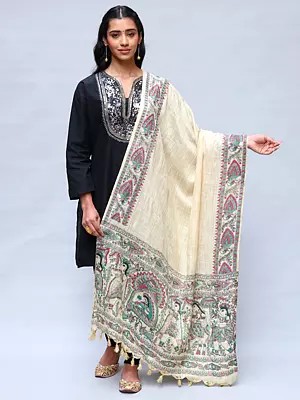 Khadi Cotton Madhubani Art Dupatta from Bihar with Printed Wedding Palanquin and Peacocks Border