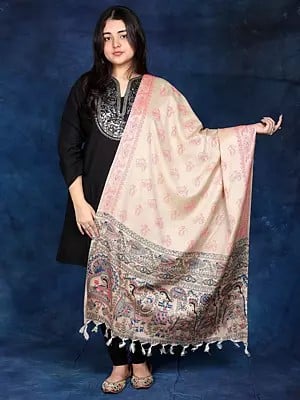 Madhubani Art Viscose Dupatta from Bihar with Printed Wedding Palanquin and Peacocks