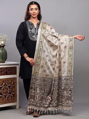 Madhubani Art Viscose Dupatta from Bihar with Printed Wedding Palanquin and Peacocks