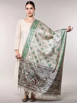 Madhubani Art Viscose Dupatta from Bihar with Printed Wedding Palanquin and Peacocks