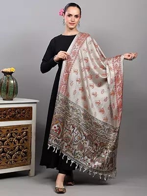 Madhubani Art Viscose Dupatta from Bihar with Printed Wedding Palanquin and Peacocks