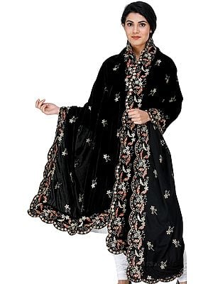 Velvet Dupatta from Amritsar with Embroidered Flowers and Sequins
