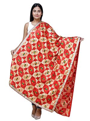 Phulkari Dupatta from Punjab with Geometric Patterns and Zari Border