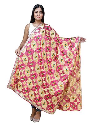 Phulkari Dupatta from Punjab with Geometric Patterns and Zari Border