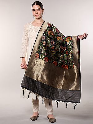 Brocade Dupatta from Gujarat with Woven Floral Motifs All-Over