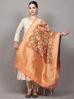 Brocade Dupatta from Gujarat with Woven Floral Motifs All-Over