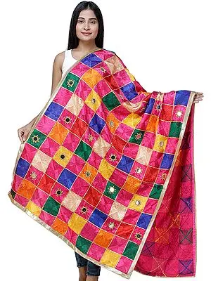 Multicolor Embroidered Phulkari Dupatta from Punjab with Mirrors and Beaded Zari Border