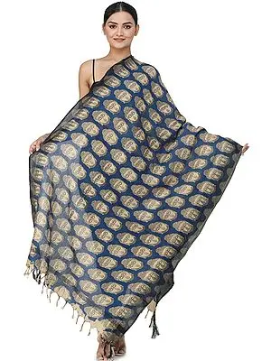 Blue Quartz Kalamkari Dupatta from Telangana with Buddha Heads
