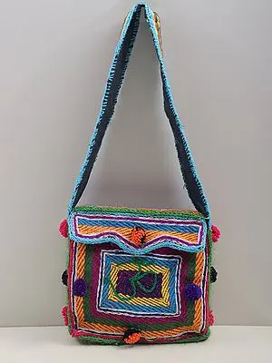 Om Bag with Pom-Pom and Metallic Yarn Detail