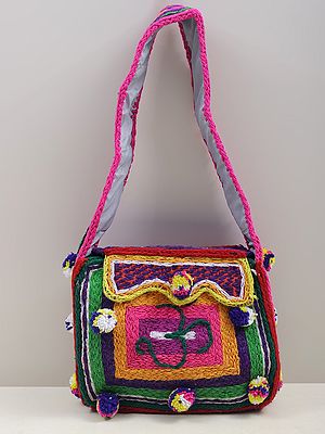 Om Bag from Haridwar With Multicolor Pom-Pom Detail