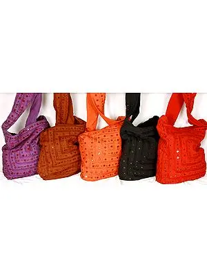 Lot of Five Stonewashed Handbags with Mirrorwork