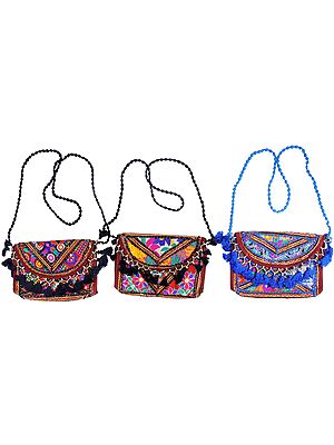 Lot of Three Embroidered Clutch Bags from Kutch with Beads and Mirrors
