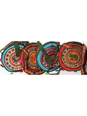 Lot of Four Round Bags with Embroidered Elephants and Mirrors