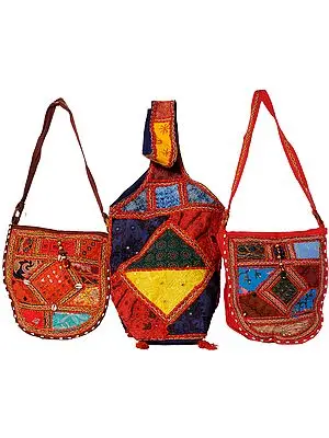 Assorted Lot of Three Embroidered Handbags from Kutch