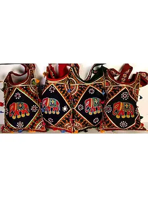 Lot of Four Elephant Shopping Bags with Crewel Embroidery