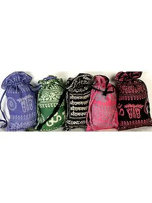 Lot of Five Printed Potli Drawstring Bags with Sri Ram Naam Mantra