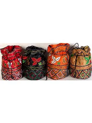 Lot of Four Drawstring Bags with Beads and Threadwork