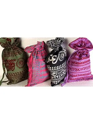 Lot of Four Printed Potli Drawstring Bags with Sri Ram Naaam Mantra