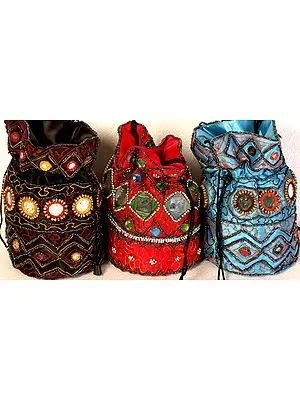 Lot of Three Drawstring Potli Bags with Mirrors and Beads