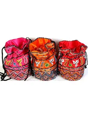 Lot of Three Drawstring Potli Bags with Beadwork