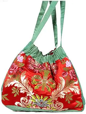 Green Banarasi Handbag with Side Pockets and Brocaded Flowers