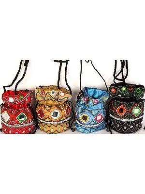Lot of Four Small Drawstring Potli Bags with Mirrors and Beads