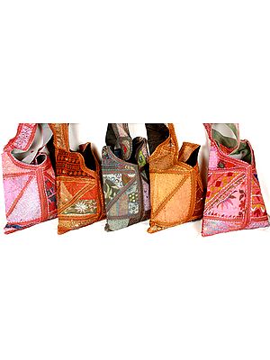 Lot of Five Patchwork Gujarati Handbags with Mirrors