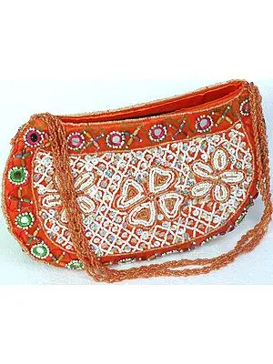 Orange Sequined Handbag with Beads and Mirrors