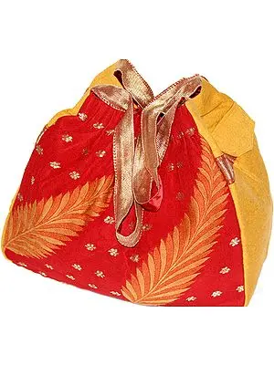 Amber and Red Banarasi Handbag with Side Pockets and Brocaded Leaves