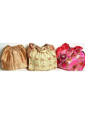 Lot of Three Banarasi Handbags with Brocade Weave and Side Pockets