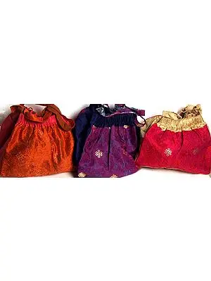 Lot of Three Banarasi Endless Knot Handbags with All-Over Brocade Weave and Side Pockets