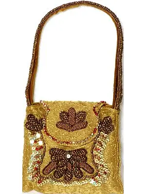 Golden Densely Embroidered Mobile Handbag with Sequins and Beads
