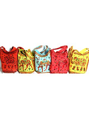 Lot of Five Shoulder Handbags with Embroidered Elephants and Camels