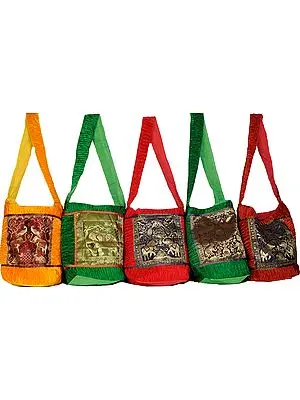 Lot of Five Brocaded Bags with Woven Peacocks and Elephants
