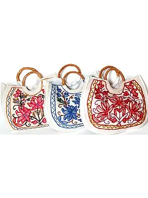 Lot of Three Tote Handbags with Crewel Embroidery from Kashmir
