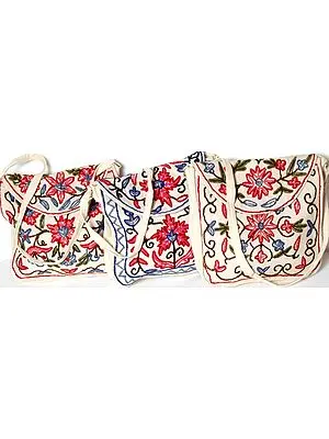 Lot of Three Sling Handbags with Crewel Embroidery from Kashmir