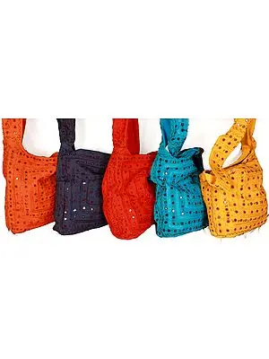 Lot of Five Stonewashed Bags with Threadwork and Mirrors