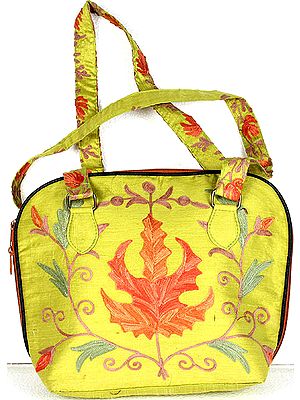 Light-Green Kashmiri Handbag with Embroidered Maple Leaf