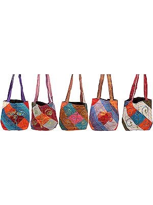 Lot of Five Patchwork Shoulder Bags with Aari Embroidery