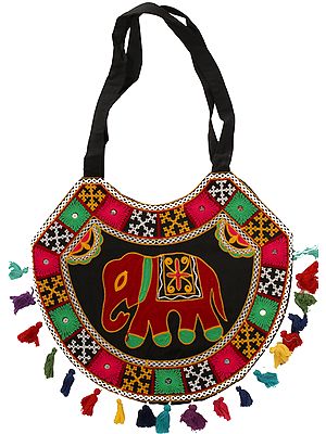 Multicolor Shoulder Bag from Kutch with Embroidered Bootis and Elephant