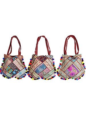 Lot of Three Shopper Bags from Kutch with Floral Embroidery and Embellished Crystals
