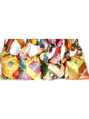 Lot of Four Patchwork Shoulder Bags with Zari Weave
