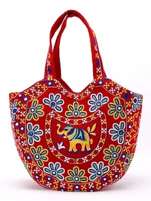 Velvet Shoulder Bag from Kutch with Multicolor Embroidered Elephant