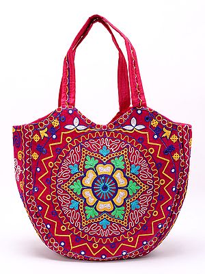 Raspberry-Coulis Aari Embroidered Shoulder Bag from Gujarat